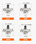Image of Top Shelf Led Recessed Downlights Adjustable Gimbal Eyeball Spotlight sizes 12W, 18W, 30W, 35W with aluminum housing.