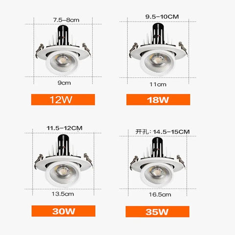 Image of Top Shelf Led Recessed Downlights Adjustable Gimbal Eyeball Spotlight sizes 12W, 18W, 30W, 35W with aluminum housing.