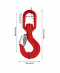 Hardcore Heavy Duty Swivel Lifting Hook Built Like A Tank At 5.3 Ton Capacity, red forged alloy steel, dimensions shown.