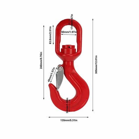 Hardcore Heavy Duty Swivel Lifting Hook Built Like A Tank At 5.3 Ton Capacity, red forged alloy steel, dimensions shown.