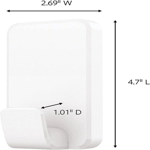 Extra Large Heavyweight Wall Hooks With Adhesive Strips For Damage Free Hanging Up To 15 Lb Each; dimensions displayed