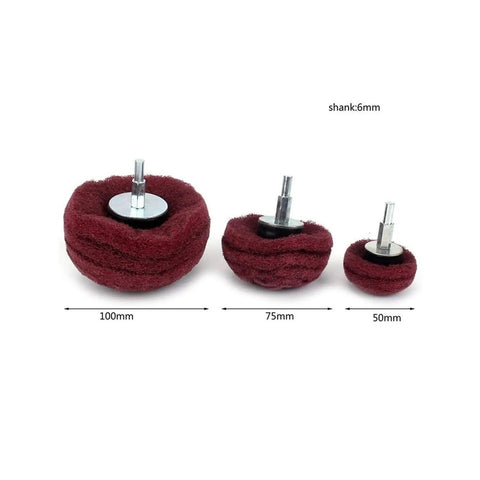 Awesome 3-Piece Red Mushroom Buffing Wheels With 2 3 And 4 Inch Sizes Featuring 320 Grit for rust removal and deburring.