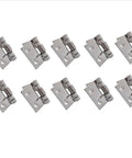 Ten Pack Small Spring Iron Hinges For Furniture And Boxes Push And Pull Two Way Hardware For DIY Projects With Smooth Full Open And Auto Reset To Off Function, silver spring hinges arranged in rows.