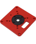 Boss Level Red Aluminum Alloy Router Table Insert Plate with Sweet Slick Surface, showcasing black center and alignment holes.