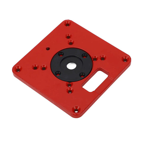 Boss Level Red Aluminum Alloy Router Table Insert Plate with Sweet Slick Surface, showcasing black center and alignment holes.