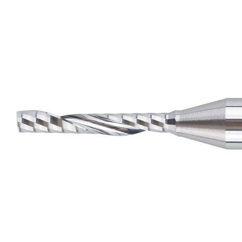Close-up of one O flute spiral upcut router bit from the set, featuring 1/4 inch shank and 1/8 inch cutting diameter, for CNC routers.