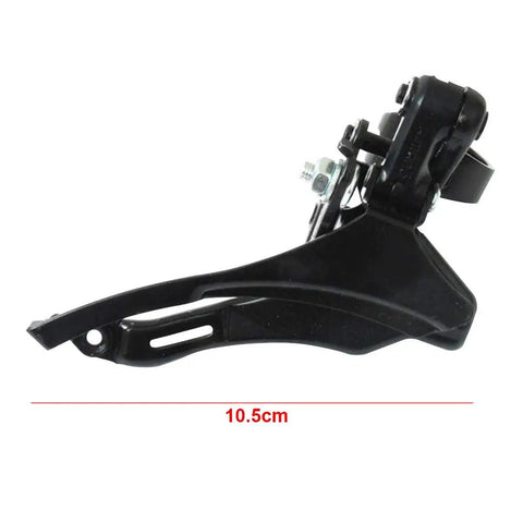 Side view of Universal Front Derailleur for Mountain Bikes Dope Steel Construction Built To Last Smooth Shifting Easy Install Quick Clamp