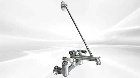 NSF Wall-Mounted Mop Sink Faucet, 8" Adjustable Centers, 6-1/2" Spout, Heavy Cast Spout with Pail Hook, BXF-S001 angled view