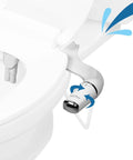 Ultra Slim Left Handed Bidet Attachment For Toilet With Pressure Controls installed on white toilet
