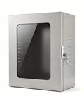 Beefed Up EV Charging Station Shelter Featuring A Tempered Glass Panel And Solid Key Lock Designed To Keep Your Electric Vehicle Adapter Locked Down Against Vandalism Weatherproof Housing, silver cabinet with glass panel.