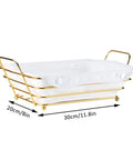 Gold Wire Serving Basket For Fruit And Bread with linen liner, showing dimensions 30cm by 20cm by 10cm, ideal for countertops.