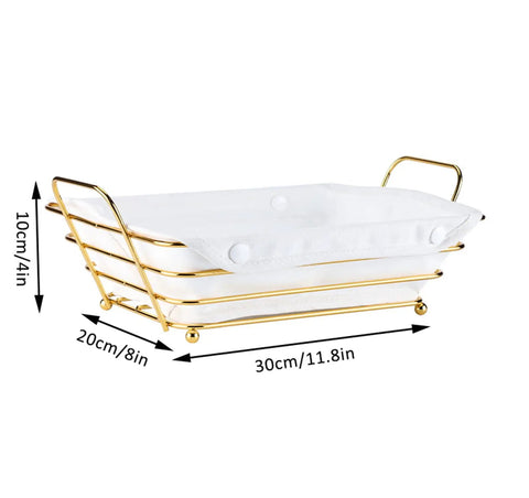 Gold Wire Serving Basket For Fruit And Bread with linen liner, showing dimensions 30cm by 20cm by 10cm, ideal for countertops.