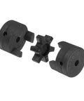 Flexible Three-Piece L-Jaw Coupling Set With Buna-N NBR Rubber Spider For 3/8 Inch Shafts, Great For Log Splitters And Hybrid Equipment, Includes Two Halves With Set Screws And Rubber Insert, exploded view