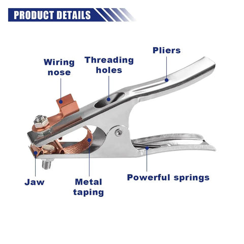Two Pack 300A Welding Ground Clamp Set with copper plated jaw, showing wiring nose, threading holes, and powerful springs