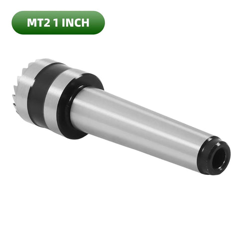 Wood lathe drive center MT2 with 1-inch crown; silver shaft, black collar, threaded end