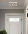 Farmhouse Quatrefoil 13 Inch Flush Mount Ceiling Light With Distressed White Metal Drum Shade And Antique White Finish, 2 Light Fixture For Living Room And Hallway, Modern Rustic Vibe in a hallway setting
