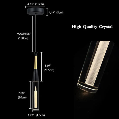 Diagram of Black Cylinder Crystal Pendant Light With Dimmable 5W LED showcasing dimensions and high quality crystal detail.