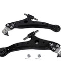 Set Of Left And Right Front Lower Control Arm And Ball Joint Assembly For 2002 Through 2006 Toyota Camry 2004 Through 2012 Toyota Highlander Avalon Solara And 2002 Through 2009 Lexus RX350 RX330 ES330 ES300 RX400h Beefed Up Durability shown in black steel with attached ball joints and assembly components.