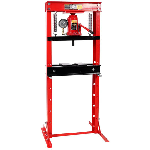 Built Different 20 Ton Hydraulic Shop Press Heavy Duty Steel Garage Powerhouse for removing stuck bearings, red frame with hand pump.