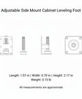 Technical drawing of Adjustable Shimless Side Mount Leveling Feet For Cabinets And Furniture Eliminates Wobble With Micro Adjustable Threaded Steel Feet For Kitchens And Wardrobes Silver One Piece showing dimensions and design features.
