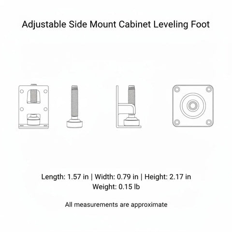 Technical drawing of Adjustable Shimless Side Mount Leveling Feet For Cabinets And Furniture Eliminates Wobble With Micro Adjustable Threaded Steel Feet For Kitchens And Wardrobes Silver One Piece showing dimensions and design features.