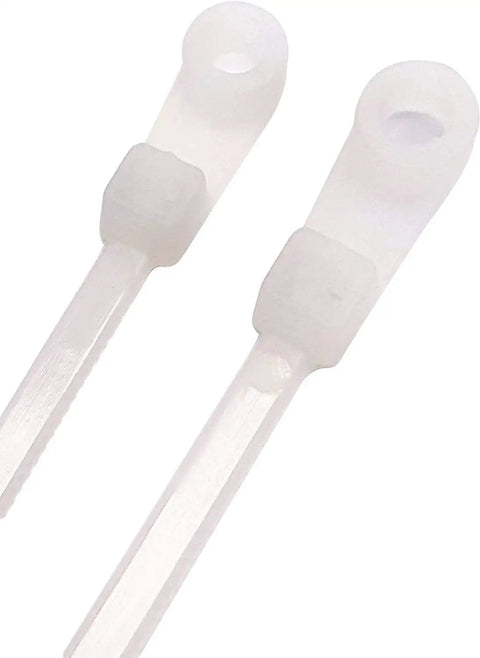 Heavy Duty 12 Inch Nylon Cable Ties With Screw Mount Head 50 Pound Tensile Strength Clear White Zip Cords Bulk Pack Of 100 close-up view of heads.