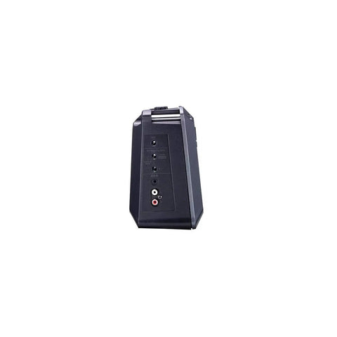 Side view of black Battery Powered Stereo Amplifier For Guitars And Keyboards Totally Portable Mini PA with input ports visible