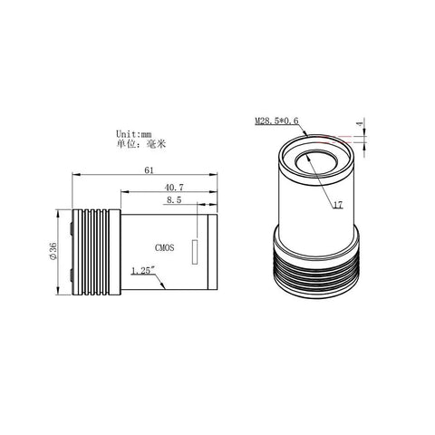 Technical blueprint of 1.2MP Monochrome Astronomy Camera With 1280x960 CMOS Sensor, USB Type-C, ST4 Guiding Port, Ultra Compact Body.