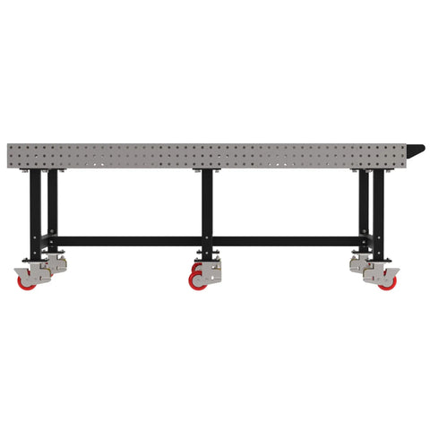 Heavy Duty Mobile Welding Fixture Table With Precision Hole Grid And Smooth Swivel Casters Solid Steel Fabrication Workbench 96 By 48 Inches side view with red caster wheels.