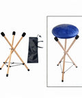 Versatile Portable Adjustable Wooden Handpan Drum Stand With Slick Travel Storage Bag showing tripod stand and blue cushion.