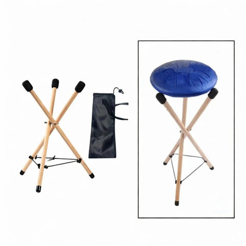 Versatile Portable Adjustable Wooden Handpan Drum Stand With Slick Travel Storage Bag showing tripod stand and blue cushion.