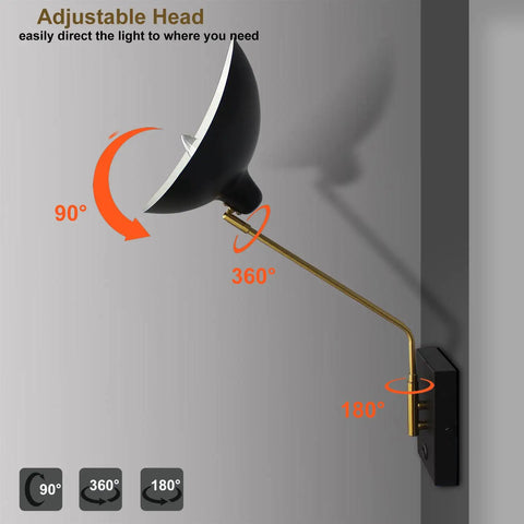 Plug In Wall Sconce With Swing Arm, USB Charging Port, Matte Black Finish, adjustable arm angles 90, 180, 360 degrees