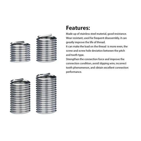Stainless Steel Helical Thread Repair Insert Kit Set With Multiple Sizes 10 Pieces shown with features text