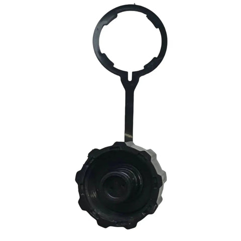 Pack Of 2 Threaded Drain Covers With Tethers For Sprayers, black leakproof tank caps, showing screw on design for secure closure during draining