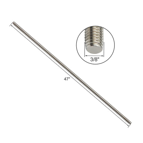 Stainless Steel 3/8-16 Fully Threaded Rods, 47 inch Long, 4 Piece Set, 304 Grade, showing thread detail and dimensions.