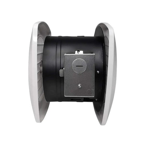 Side view of Quiet 90 CFM Wall Exhaust Fan For Home, 4.0 Sones, Easy Install, Customizable Housing, 6 Inch Diameter, black and white