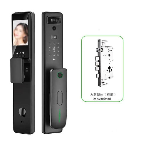Keep Your Crib Secure On Autopilot With Fingerprint Smart Lock Visual Intercom Password Entry Wide Angle Night Vision Camera Auto Light Sensor, black aluminum smart door lock with screen and keypad.