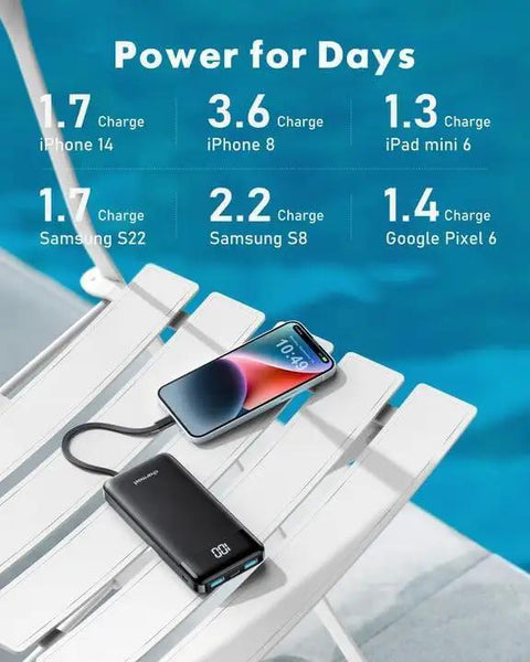 Heavy Duty 10000mAh Power Bank Featuring Reinforced Built In Four Cables For Multi Device Fast Charging and All Day Road Trip Juice To Keep Every Screen Alive on a deck chair next to a phone.