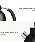 Retro Glass Electric Kettle 1.5 Liters Tea Boiler With Bpa Safe Cordless Setup Straight Up Plastic Free Build And Auto Shut Off Protection In Sleek Black showing handle and spout details.