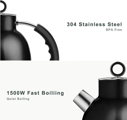 Retro Glass Electric Kettle 1.5 Liters Tea Boiler With Bpa Safe Cordless Setup Straight Up Plastic Free Build And Auto Shut Off Protection In Sleek Black showing handle and spout details.