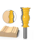 Premium Crown Molding Router Bit For Woodworking Pros With 12mm Or Half Inch Shank, detailed yellow router bit next to carved wood piece.