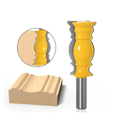 Premium Crown Molding Router Bit For Woodworking Pros With 12mm Or Half Inch Shank, detailed yellow router bit next to carved wood piece.