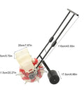 Manual Garden Seeder Hand Push Planter With 7 Nozzles, black handle and measurement details shown, durable iron and ABS construction