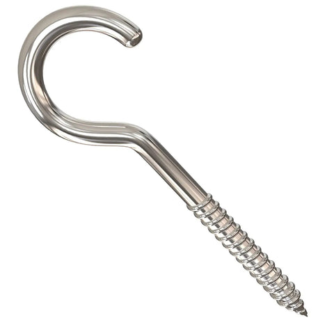 10 Pack Badass Nickel Plated Steel Screw Hooks with 4 Inch Shank and 1.5 Inch Eye for garage storage and DIY projects.