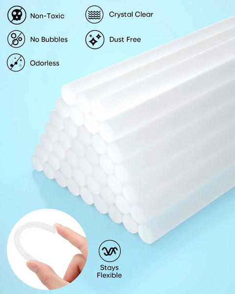 Mini Hot Glue Sticks 0.27 Inch Diameter 4 Inch Length 220 Pack Clear All Temp For Mini Glue Guns stacked with flexibility shown
