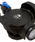 Waterway pressure relief valve assembly, black plastic body with blue lever and side gauge.