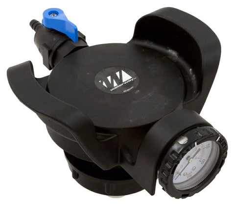 Waterway pressure relief valve assembly, black plastic body with blue lever and side gauge.
