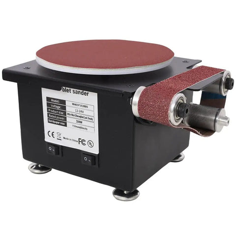 Lmaoss 3 In 1 Mini Belt Sander With 6 Inch Disc And Sanding Roller showing top view of sanding disc and drum with controls.