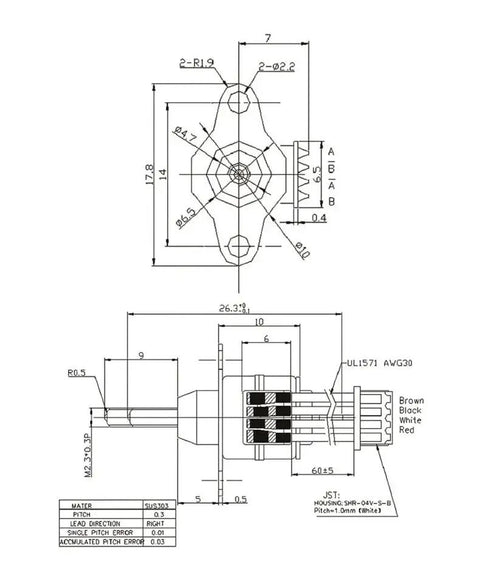 Technical diagram of DC 5V and 6V precision stepper motor with telescopic linear shaft 10mm travel, 6mm stroke for industrial motors and DIY builds