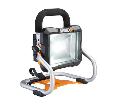 20V Power Share LED Work Light With 1500 Lumens, Ultra Portable Job Site Lantern, shown with metal stand and black handle
